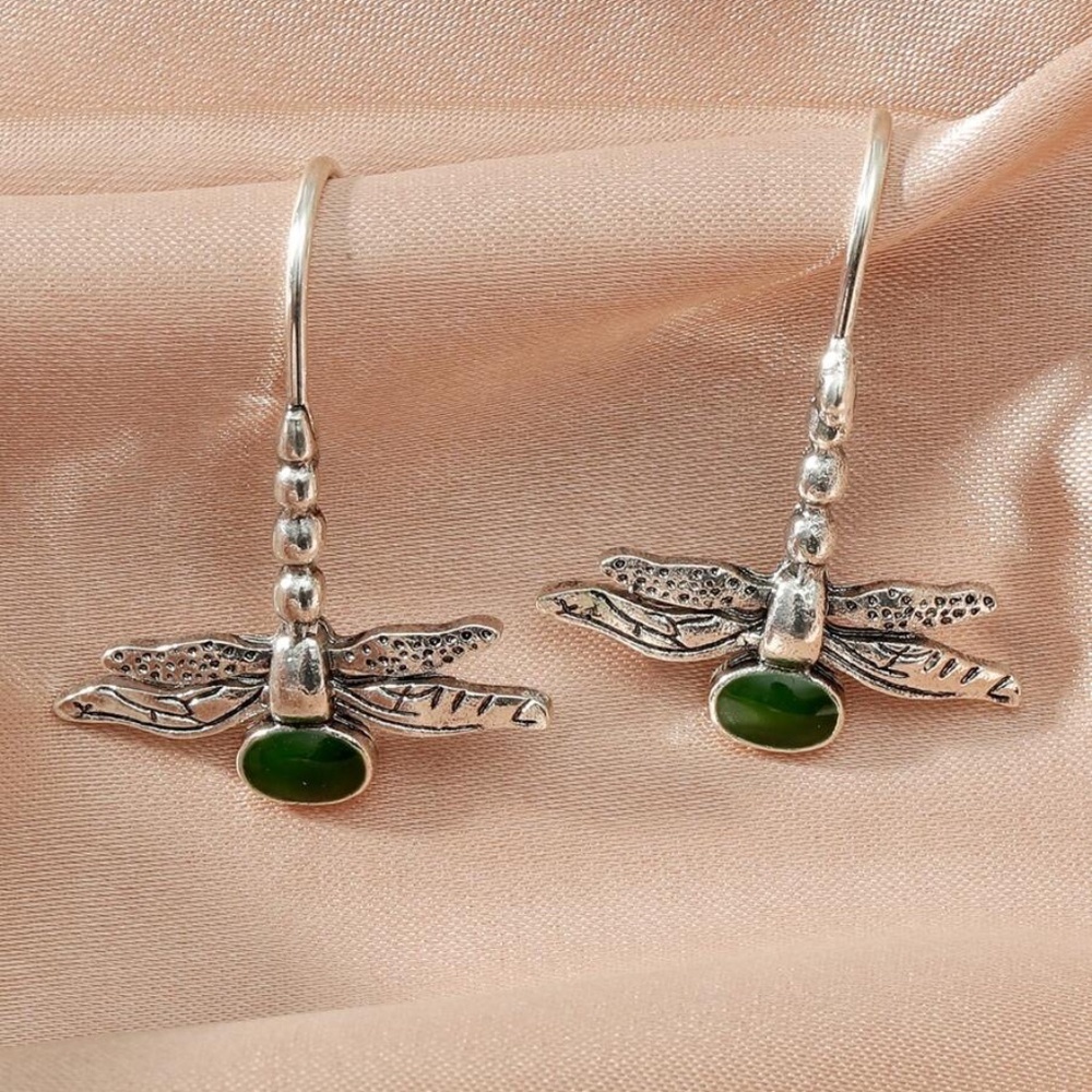 dragon fly silver green earrings